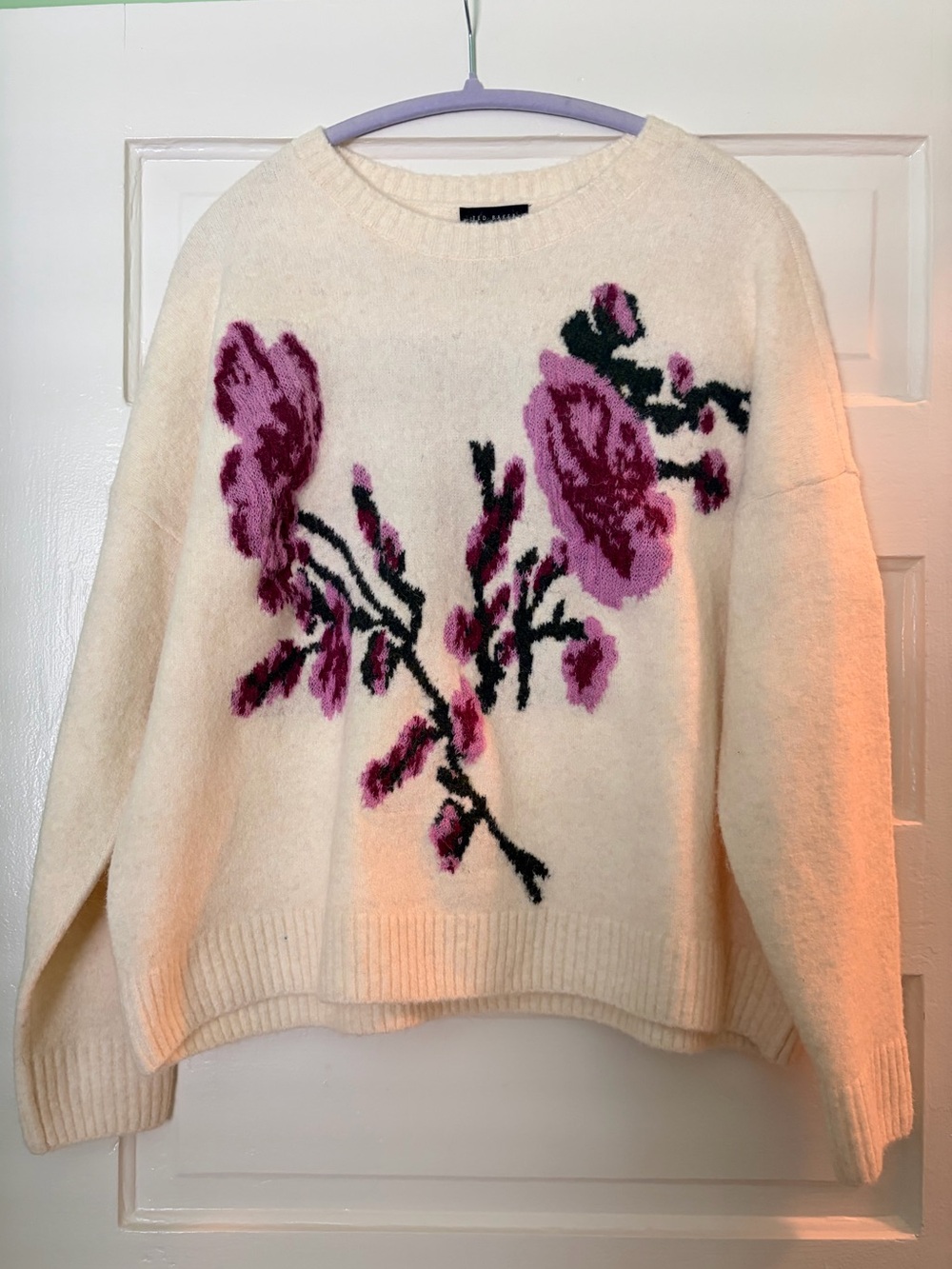 Floral Knit Crewneck Sweater - Ivory with Pink Floral
